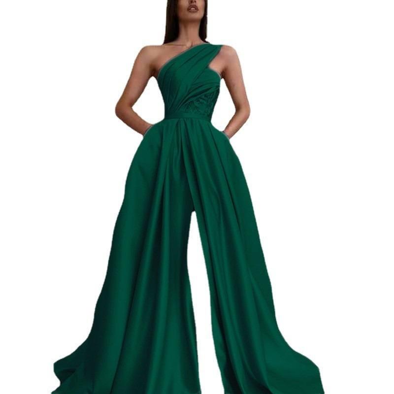 GUJI—255 Asymmetrical Shoulder Slit Evening Gown