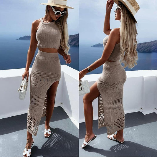 GUJI—43 New Women's Summer Two-Piece Set: Short Top With Side Slit And Bodycon Midi Skirt Fashion