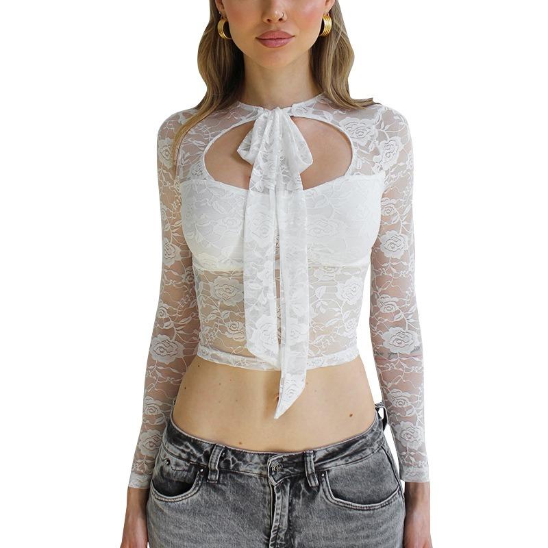 GUJI—359 Solid Color Long Sleeve Tie Hollow Out Top white tanktop slim-fitting fashion