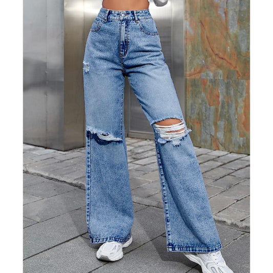 GUJI—175 INS Fashion High-Waisted Wide-Leg Distressed Denim Pants Distressed Denim Fashion unisex pants