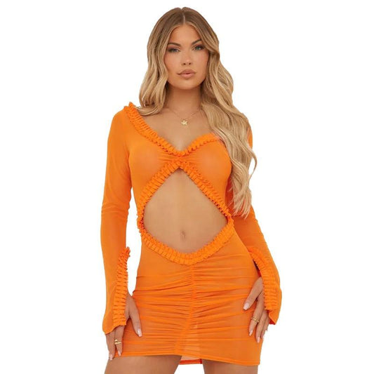 GUJI—382 Solid Color Long-Sleeve Crop Top With Ruffle And Bodycon Skirt Set