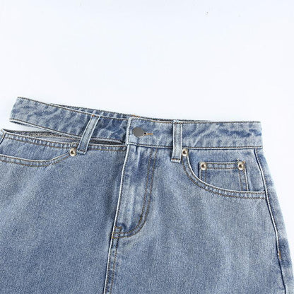 GUJI—-79 New Style Single Side Hollow Out Denim Half Skirt Cropped Denimfashion Distressed Denim Fitted Fashion Midi Skirt cropped denim wrangler jeans unisex pants