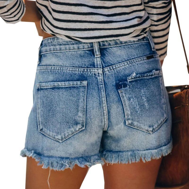 GUJI—216 Women's Trendy Distressed Fringe Denim Shorts Distressed Denim loose-fitting plain sexy jeans