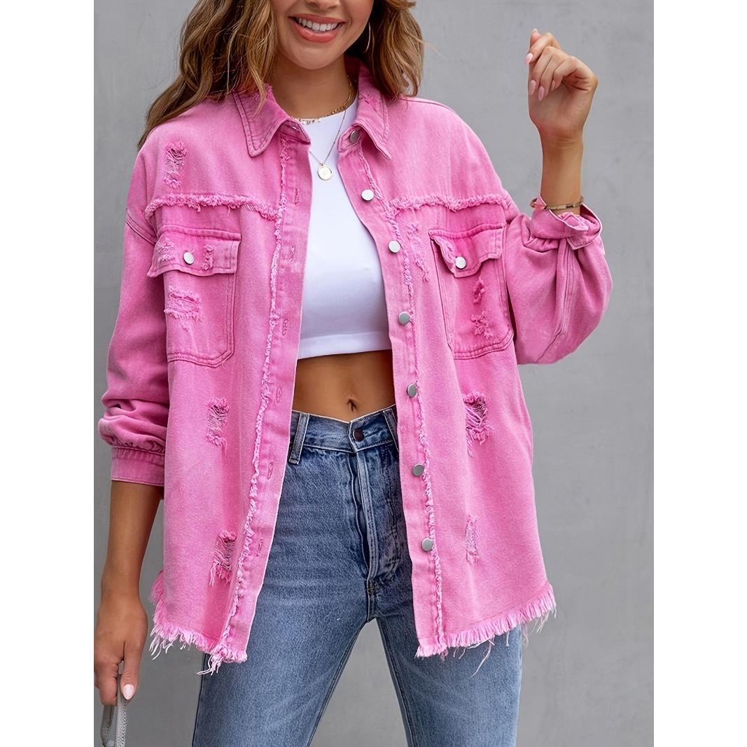 GUJI—321 Solid Color Distressed Mid-Length Long-Sleeve Denim Jacket For Women baggy denim jacke