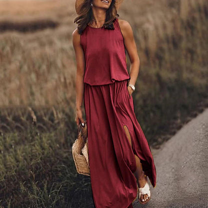 GUJI—331 Simple Sleeveless Round Neck Slit Dress