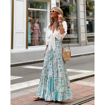 GUJI—-118 New 2024 Summer Casual Vacation Flared Maxi Skirt For Women Elegantfashion