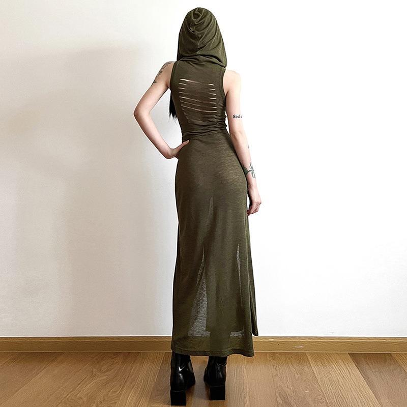 GUJI—250 Hooded Sleeveless Cutout Maxi Dress With Slits