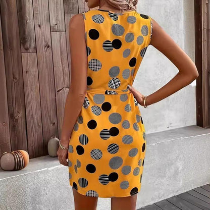 GUJI—346 Vintage Print Tie-Waist V-Neck Midi Dress - Sleeveless Casual Style Dress