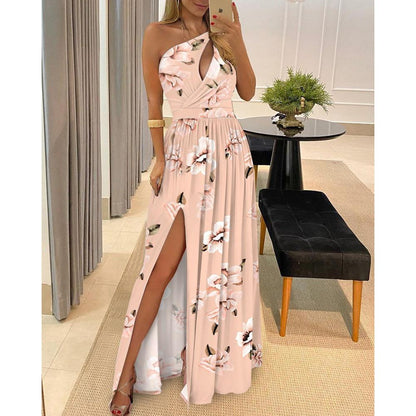 GUJI—326 New One-Shoulder Sleeveless Maxi Dress With High-Waisted Slit Design