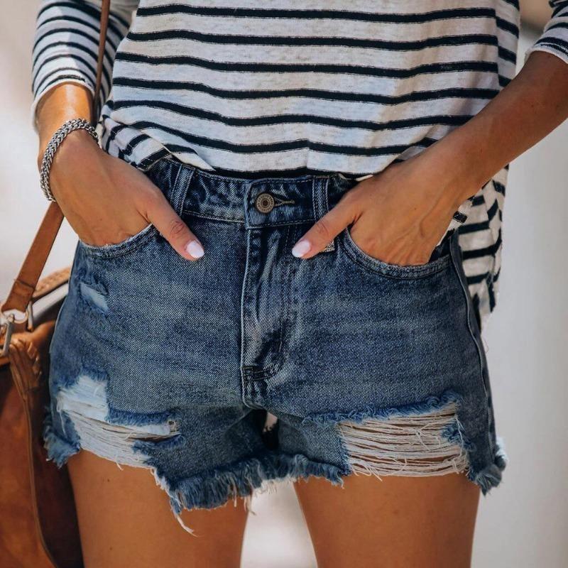 GUJI—216 Women's Trendy Distressed Fringe Denim Shorts Distressed Denim loose-fitting plain sexy jeans