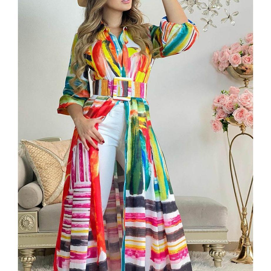 GUJI—244 2024 New Colorful Printed Tie-Waist Long Shirt Dress - Loose Open Cardigan Maxi Dress