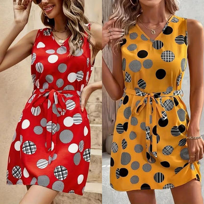 GUJI—346 Vintage Print Tie-Waist V-Neck Midi Dress - Sleeveless Casual Style Dress