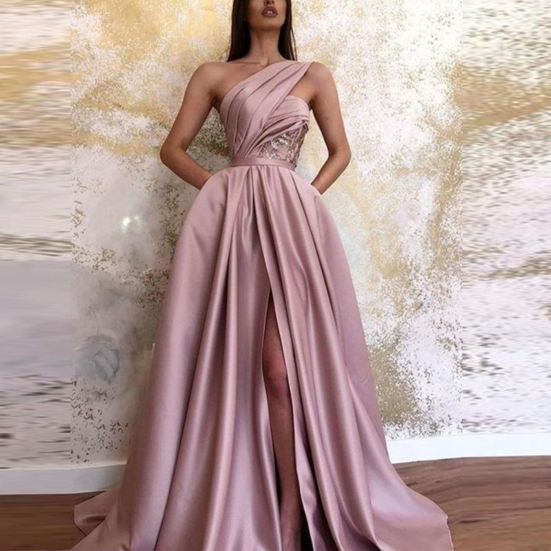 GUJI—255 Asymmetrical Shoulder Slit Evening Gown