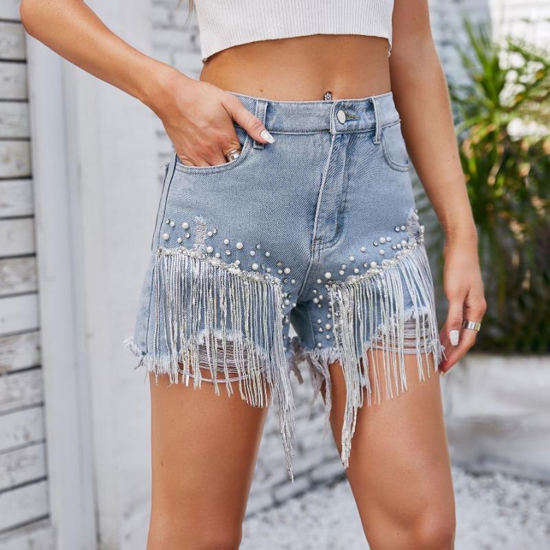 GUJI—-110 Water Washed Denim Shorts With Rhinestone Studs And Fringe - Hot Shorts Women S Cropped Denimfashion plain sexy jeanskirt