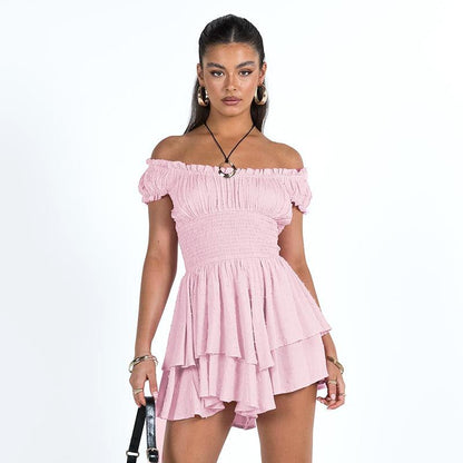 GUJI—126 Summer New Woven Solid Color Off-Shoulder Ruched Waist Casual Dressfashion Date Dress oy s beauty