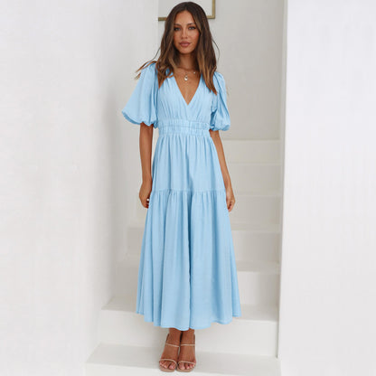 GUJI—327 Summer New High-End Deep V-Neck Puff Sleeve Vacation Dress