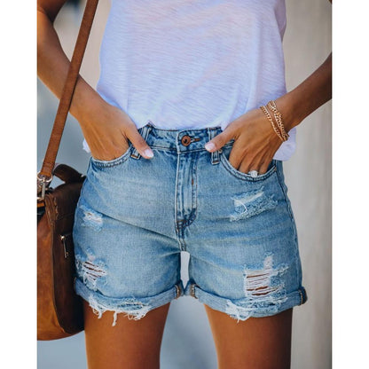 GUJI—324 Distressed Straight-Leg Denim Shorts For Women