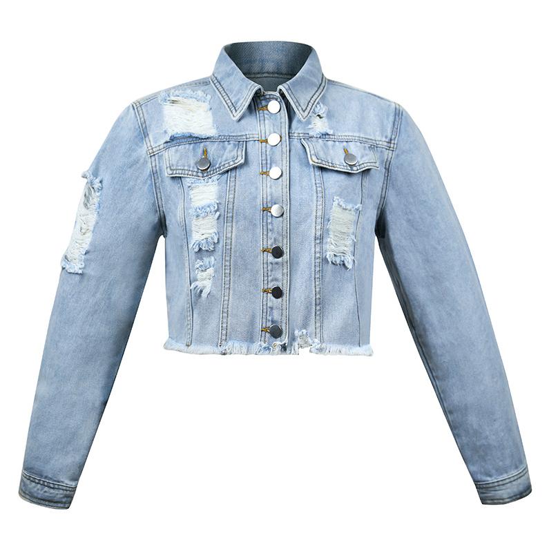 GUJI—-96 Buttoned Washed Ripped Frayed Fashion Women's Denim Jacketfashion