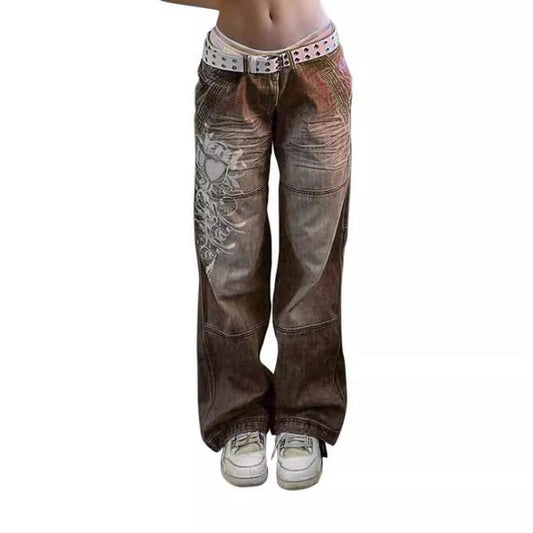 GUJI—284 IrreGUJI--lar Print Loose-Fit Low-Rise Wrinkled Washed Denim Pants In Multiple Colors