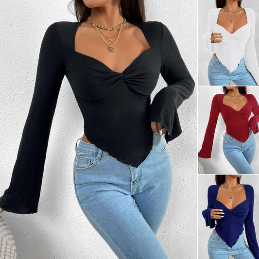 GUJI—-88 Women's Vacation V-Neck Flared Sleeve Irregular Waist Knit Long Sleeve T-Shirt Topfashion white tanktop slim-fitting fashion basic tanktop