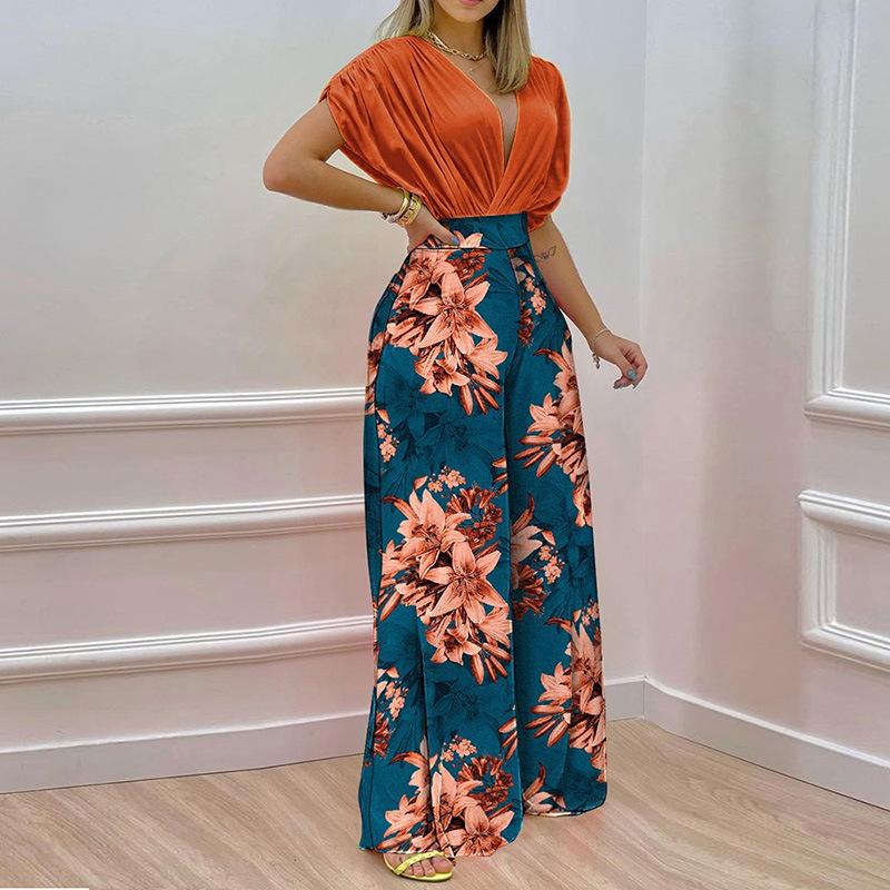 GUJI—291 New Ins-Inspired V-Neck Floral Print Wide-Leg Pants Fashion Casual Set