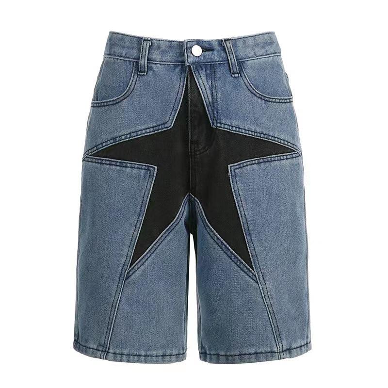 GUJI—233 Fashion Street Style Loose Color-Block Star Patch Denim Shorts