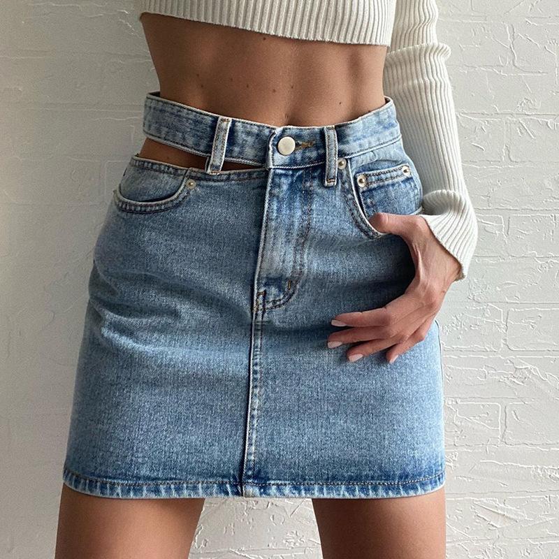 GUJI—-79 New Style Single Side Hollow Out Denim Half Skirt Cropped Denimfashion Distressed Denim Fitted Fashion Midi Skirt cropped denim wrangler jeans unisex pants