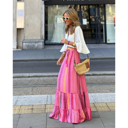 GUJI—-118 New 2024 Summer Casual Vacation Flared Maxi Skirt For Women Elegantfashion