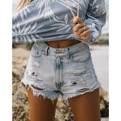 GUJI—-108 Women's High-Waisted Ripped Fringe Denim Shorts Women S Cropped Denim Lowrise Denimfashion pants slim-fitting casual jeans