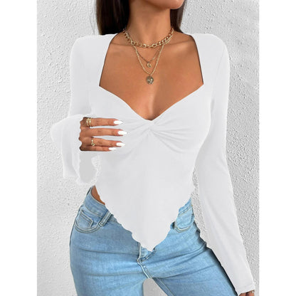 GUJI—-88 Women's Vacation V-Neck Flared Sleeve Irregular Waist Knit Long Sleeve T-Shirt Topfashion white tanktop slim-fitting fashion basic tanktop