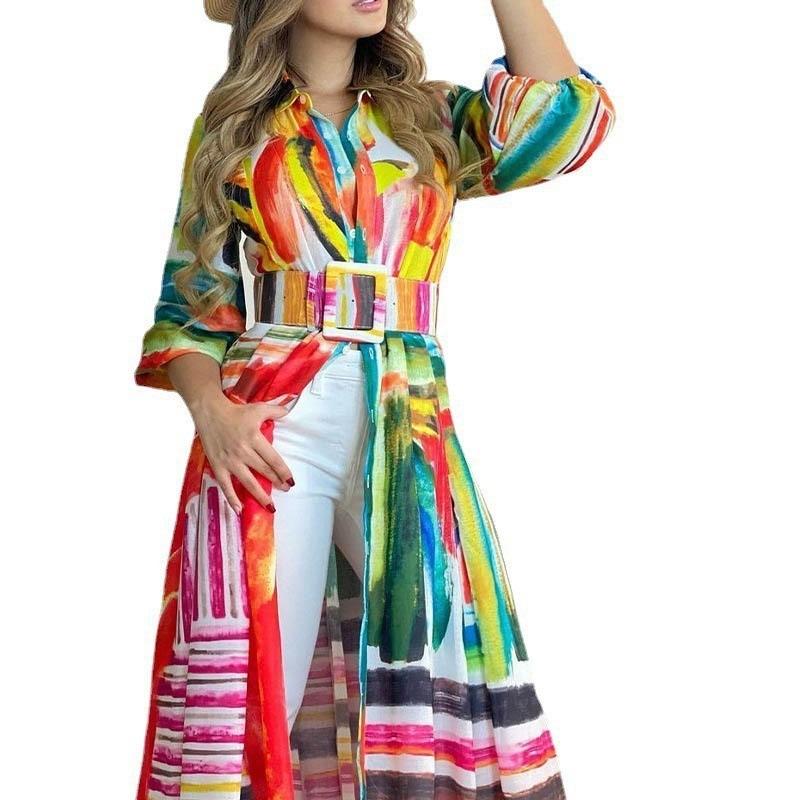 GUJI—244 2024 New Colorful Printed Tie-Waist Long Shirt Dress - Loose Open Cardigan Maxi Dress