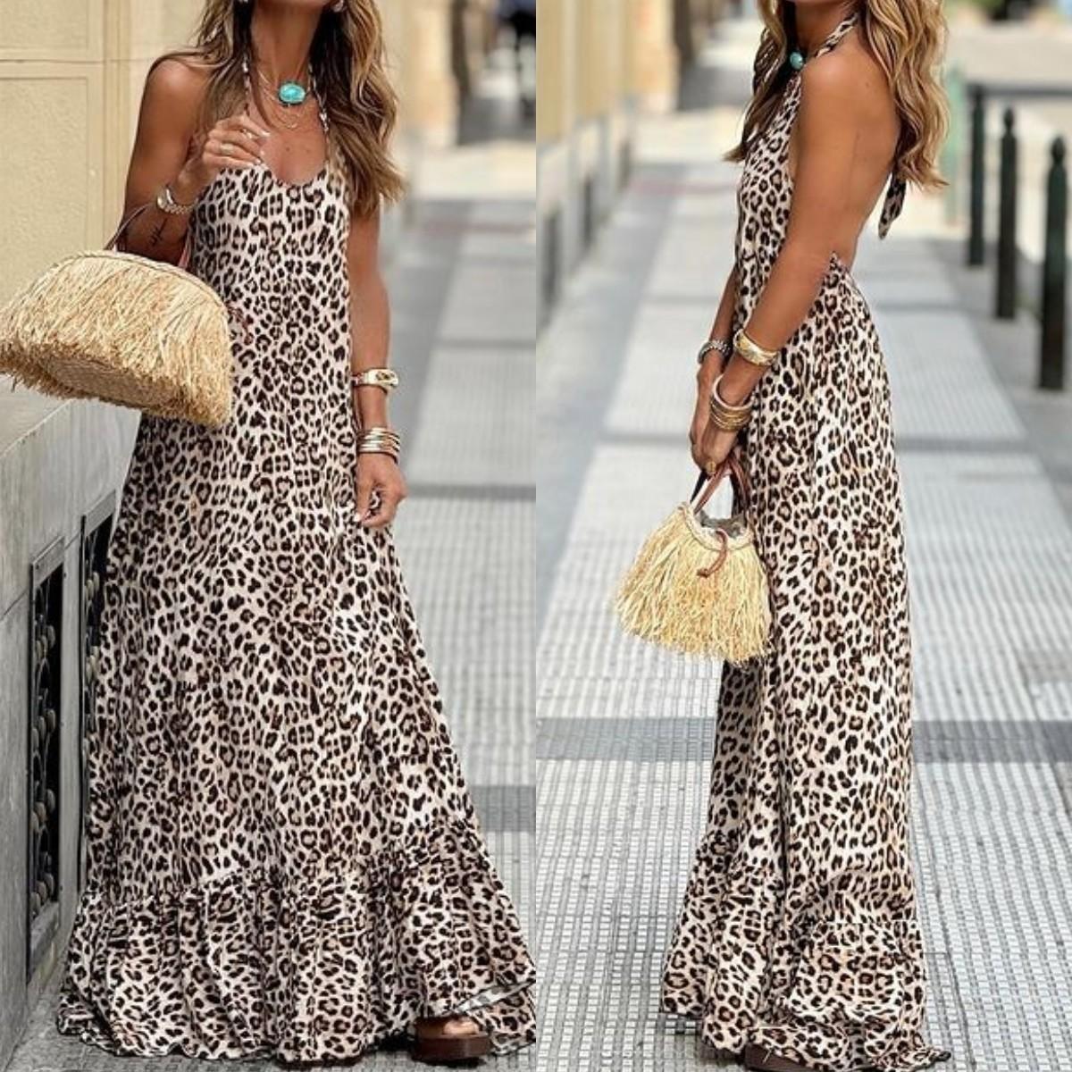 GUJI—115 Leopard Print V-Neck Halter Backless Sexy Maxi Dress Nice Dressfashion Goddess Dress Occasion Dress ballgown she in chic women