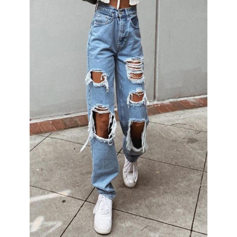 GUJI—227 Fashion Ripped Wide-Leg Lightweight Denim Jeans For Women