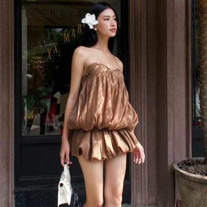 GUJI—392 Sweet Vintage-Inspired Ruched Bustier Chiffon Dress