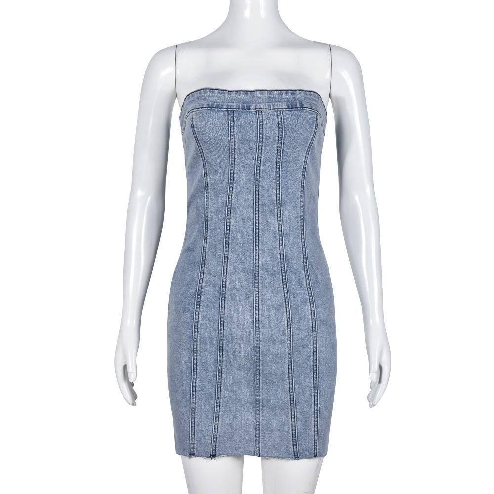 GUJI—319 Denim Backless Washed Bandeau Dress For Spring And Summer