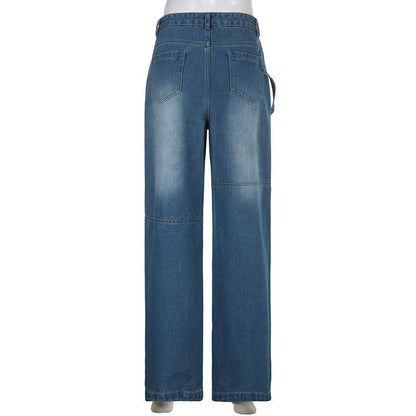 GUJI—221 Women's 2024 New Arrival Ribbon Detail Straight-Leg Wide-Leg Denim Pants