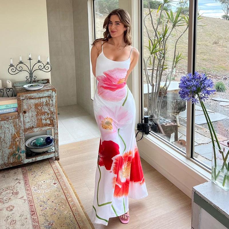 GUJI—343 Fashionable New Floral Print Backless Spaghetti Strap Maxi Dress