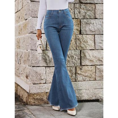 GUJI—191 High-Waisted Spring And Autumn New Style Flared Wide-Leg Elastic Slimming Patchwork Denim Bell-Bottom Pants Fashion teacher clothes