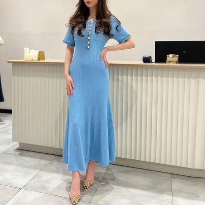 GUJI—256 Denim Patchwork Knit Maxi Bodycon Dress vestido basic spaghettistrap dress