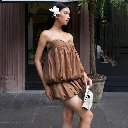 GUJI—392 Sweet Vintage-Inspired Ruched Bustier Chiffon Dress