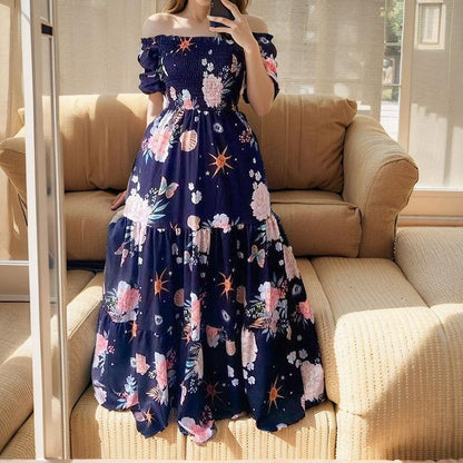 GUJI—397 Women's Off-Shoulder Fashionable Floral Print Long Dress