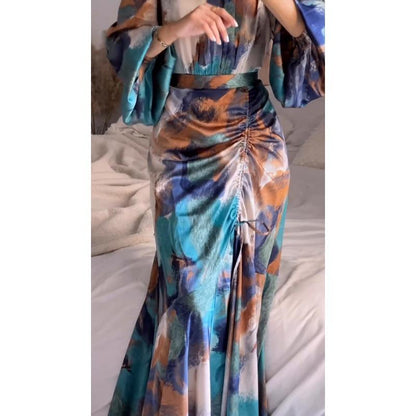 GUJI—1 2024 Spring New Style Fashionable Graffiti Puff Sleeve Long Dress Polyester Long Skirt Outfit Pretty Dress Fashion