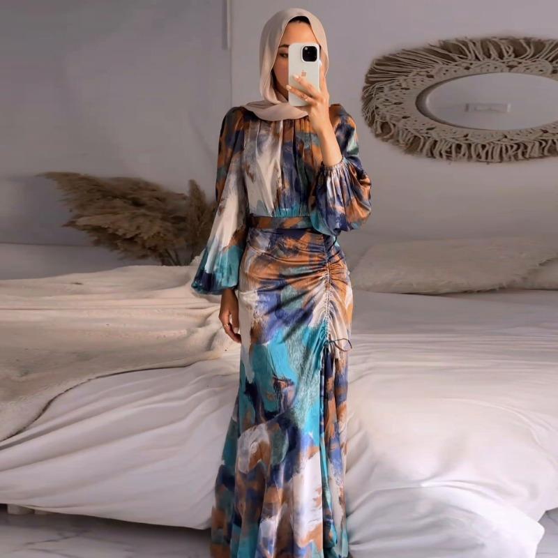 GUJI—1 2024 Spring New Style Fashionable Graffiti Puff Sleeve Long Dress Polyester Long Skirt Outfit Pretty Dress Fashion