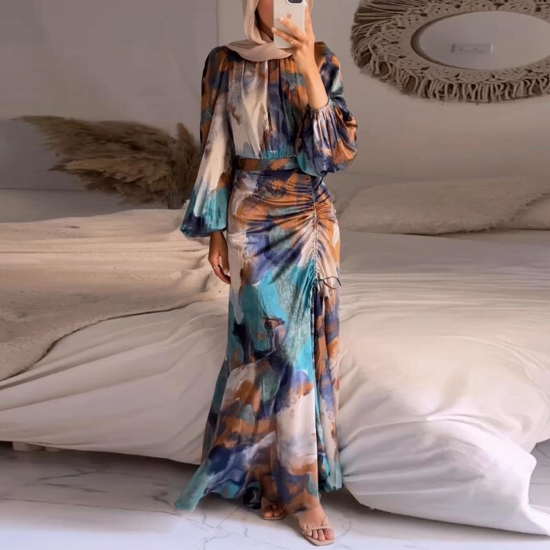 GUJI—1 2024 Spring New Style Fashionable Graffiti Puff Sleeve Long Dress Polyester Long Skirt Outfit Pretty Dress Fashion