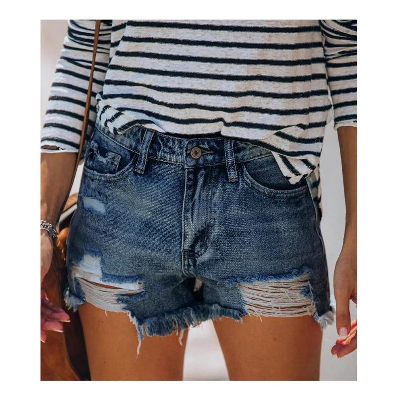 GUJI—216 Women's Trendy Distressed Fringe Denim Shorts Distressed Denim loose-fitting plain sexy jeans