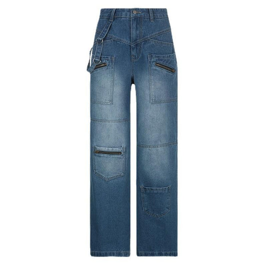 GUJI—221 Women's 2024 New Arrival Ribbon Detail Straight-Leg Wide-Leg Denim Pants