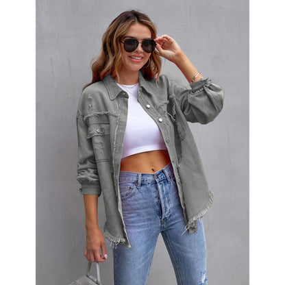 GUJI—321 Solid Color Distressed Mid-Length Long-Sleeve Denim Jacket For Women baggy denim jacke