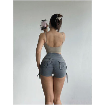 GUJI—-106 Women's High-Waisted Tie-Up Athletic Shorts - Summer Butt-Lifting Tight Elastic Running Pocket Yoga Fitness Shortsfashion Distressed Denim Fitted Fashion pants