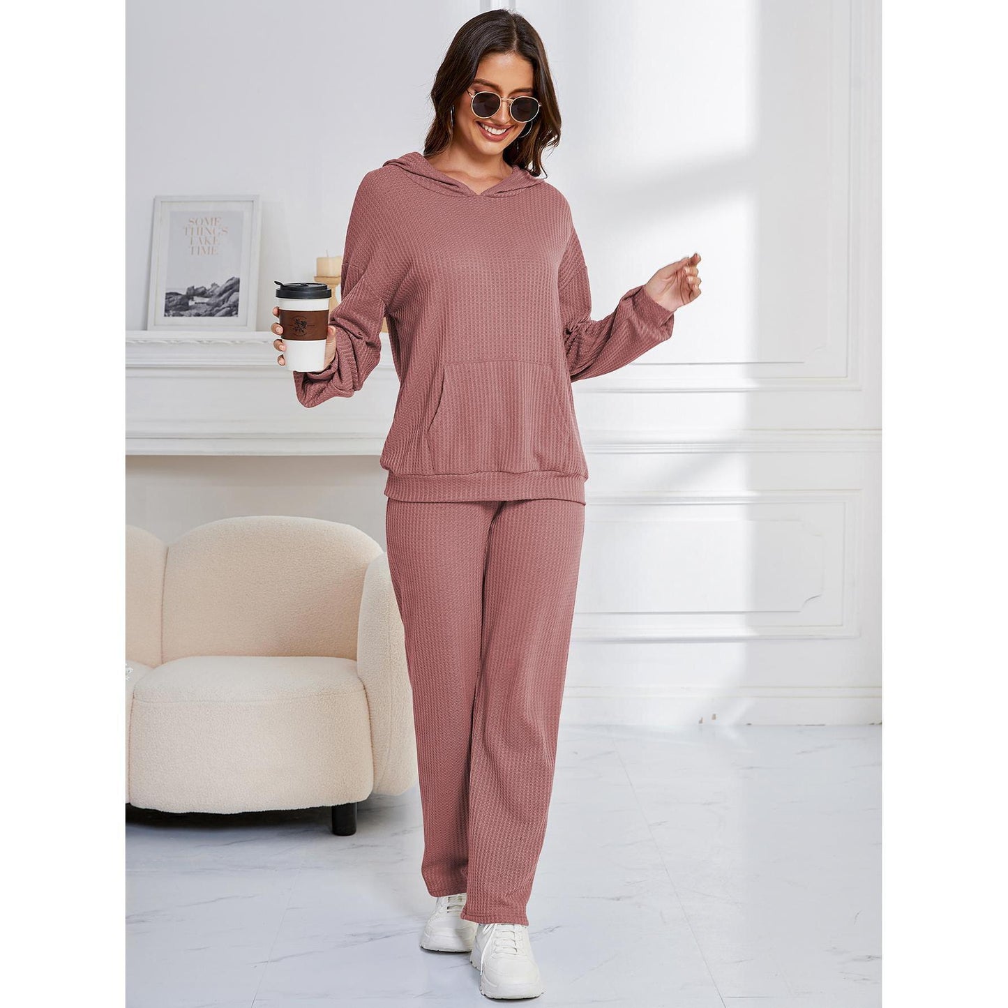 GUJI—282 Hooded Casual Sleepwear Set For Women - Long Sleeve Top And Pants Two-Piece Loungewear nightgowns