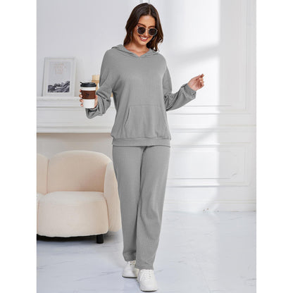 GUJI—282 Hooded Casual Sleepwear Set For Women - Long Sleeve Top And Pants Two-Piece Loungewear nightgowns